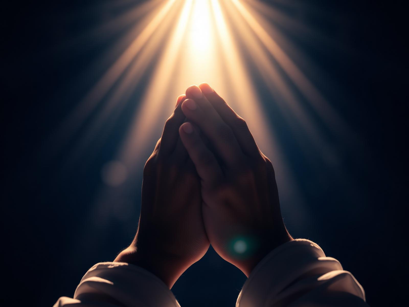 Mãos em oração com luz divina